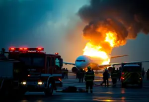 Firefighters responding to the UPS plane crash at Louisville Airport.