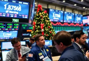 Traders on a stock exchange trading floor during the holiday season with rising stock prices.