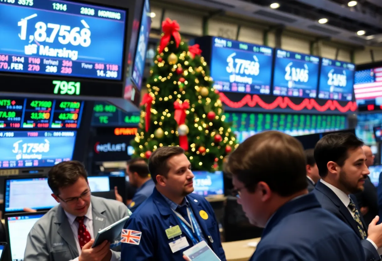 Traders on a stock exchange trading floor during the holiday season with rising stock prices.