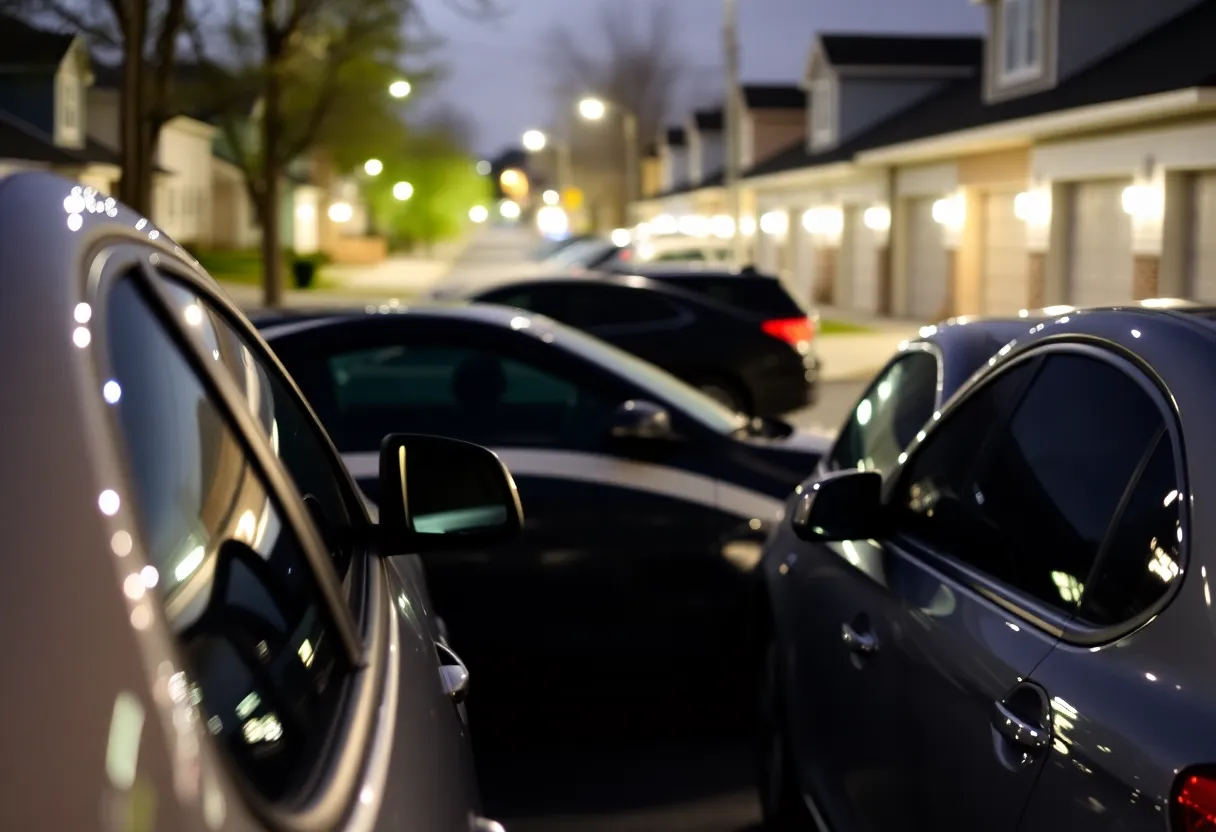 Parked cars in a Louisville neighborhood with security measures.