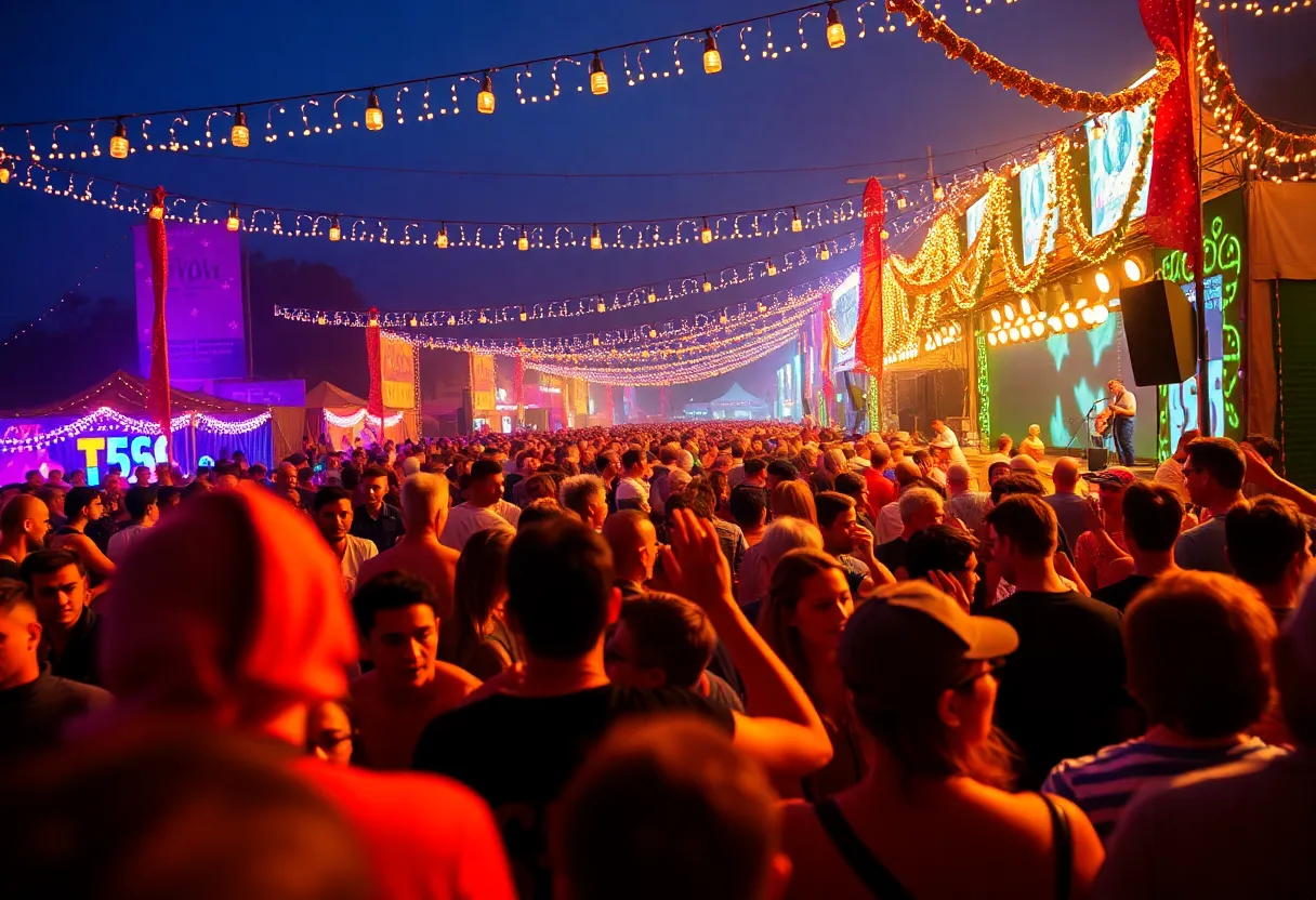 Crowds at a lively music festival with energetic performances