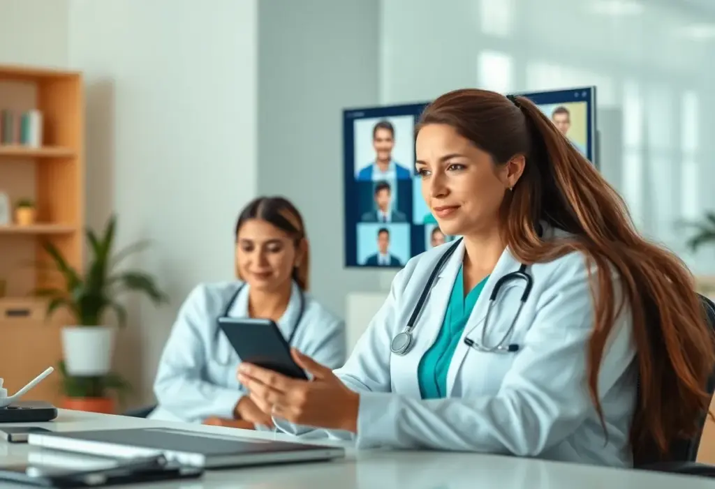 Healthcare professionals providing virtual cancer care support.