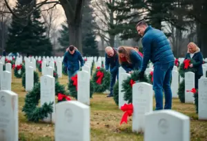 Volunteers laying Christmas wreaths on veterans' graves at a cemetery
