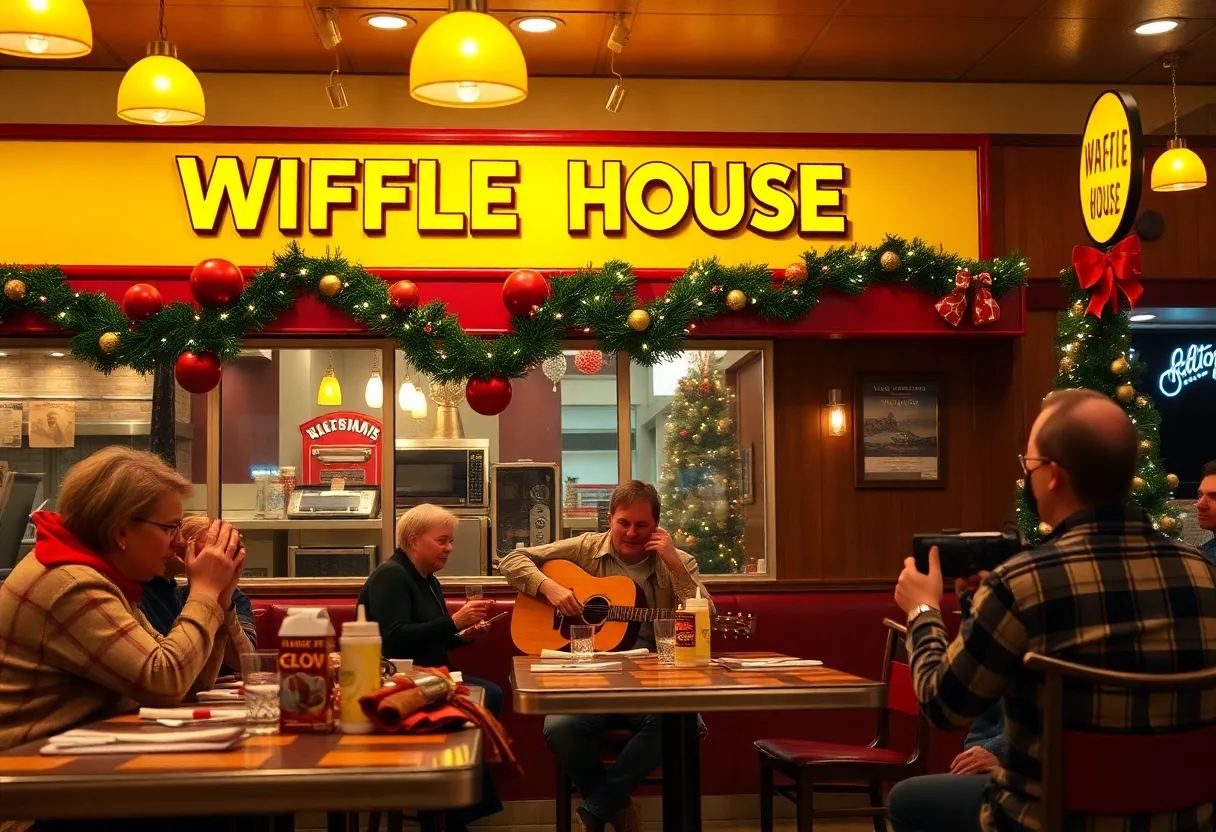 Waffle House server performing a Christmas song