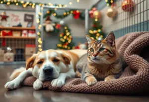 Dog and cat in a festive shelter setting