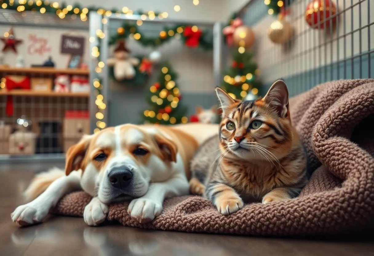 Dog and cat in a festive shelter setting