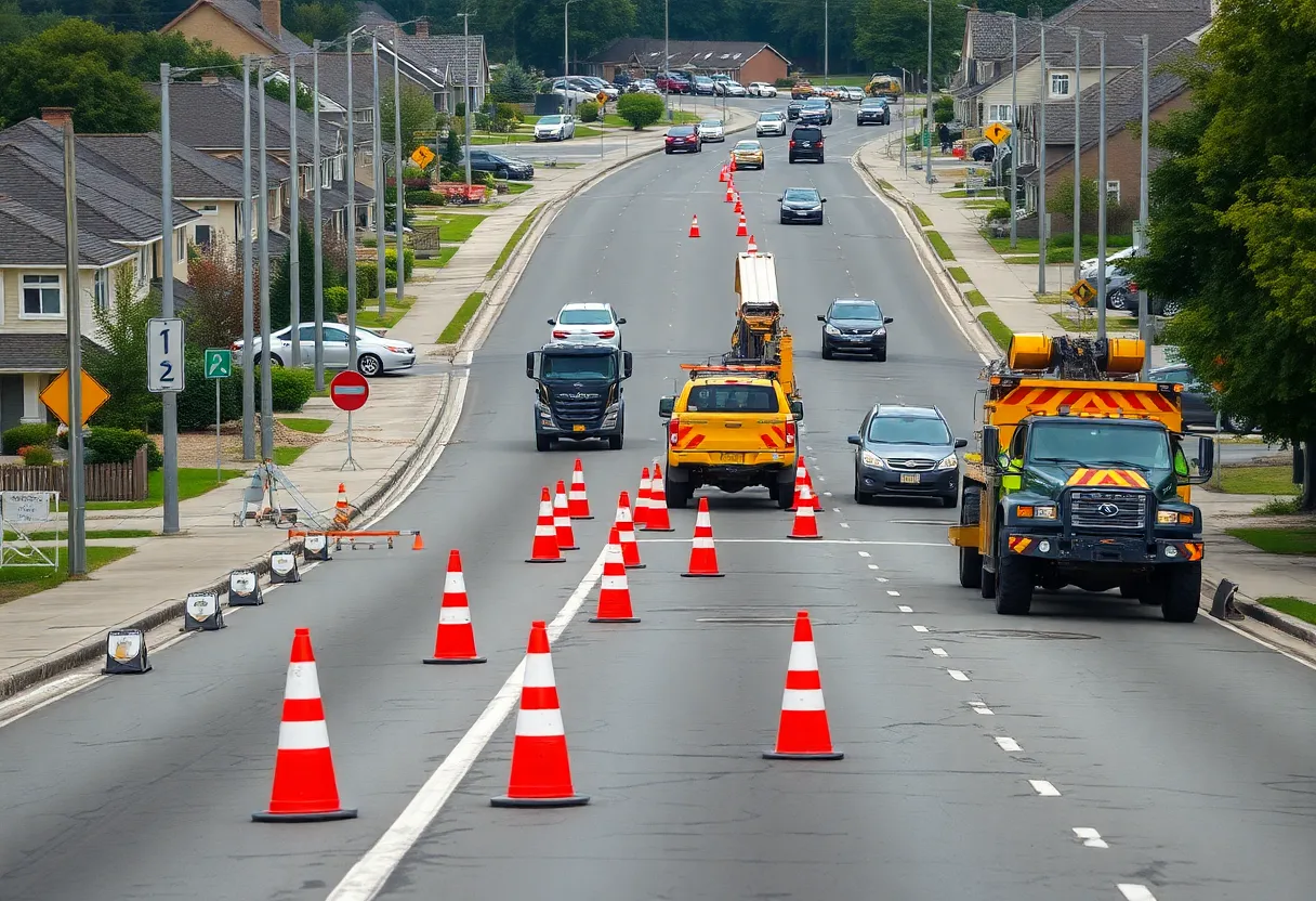 Construction of the Watterson Trail roadway with workers and machinery