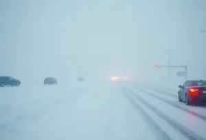 Snow-covered road with blizzard conditions due to Winter Storm Ezra