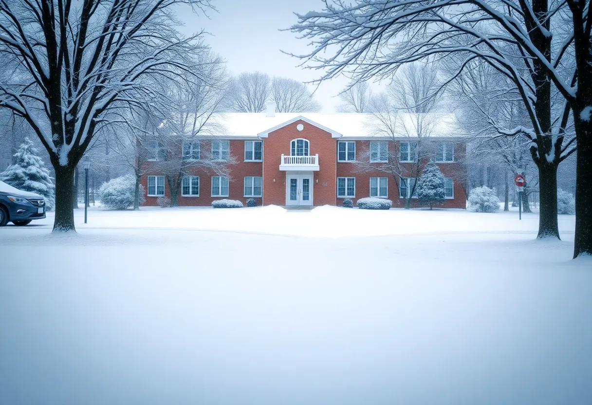Snow-covered school building with trees in winter
