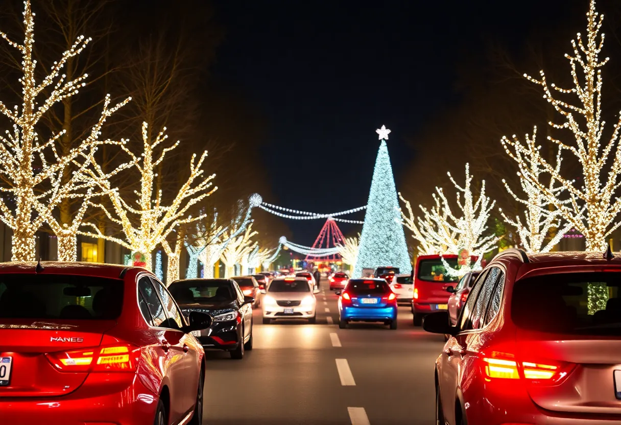 Families driving through the Winter Wonderland light display at Shawnee Park