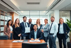 Attorneys discussing in a modern law office setting.