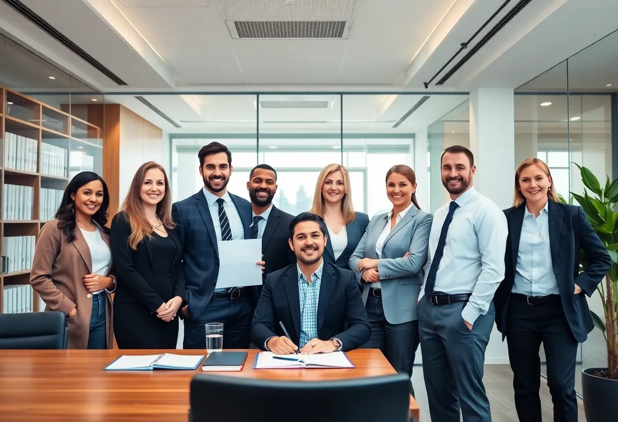 Attorneys discussing in a modern law office setting.