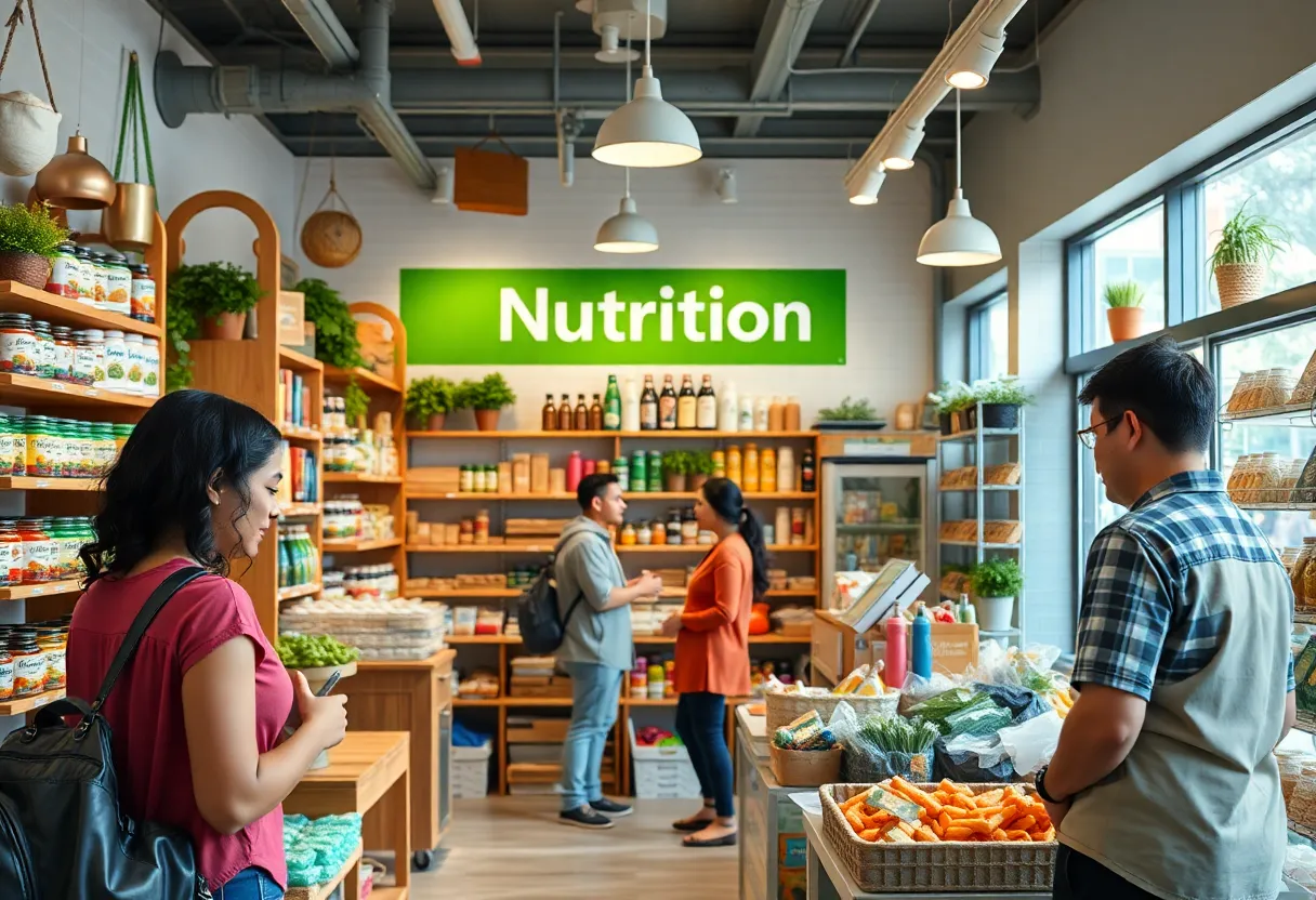 Interior of Xquisite Nutrition showcasing health products and customer interactions.