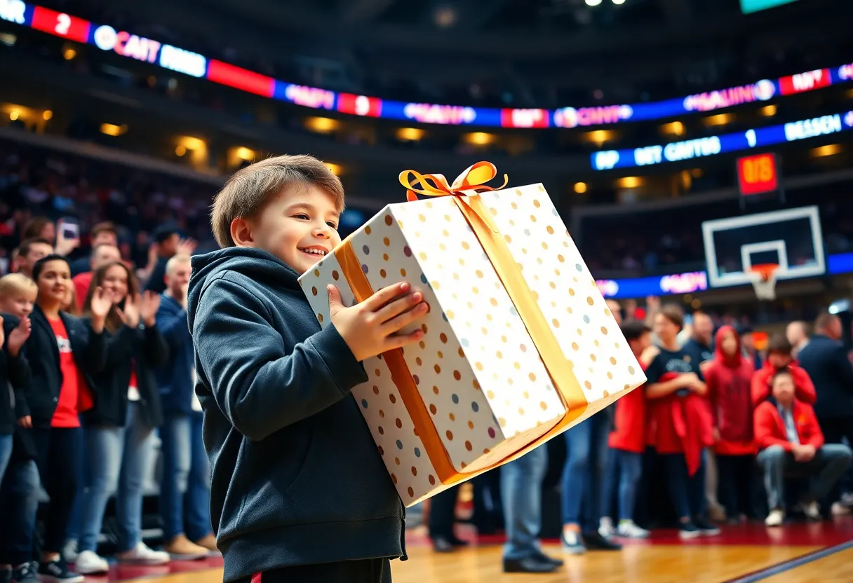 Young fan receiving a PlayStation 5 at a basketball game