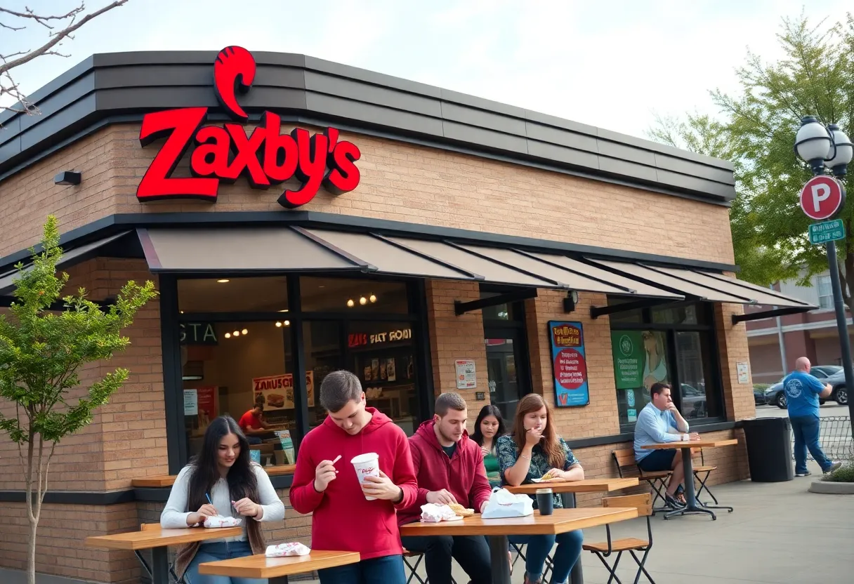 Students dining near Zaxby's restaurant at University of Louisville.