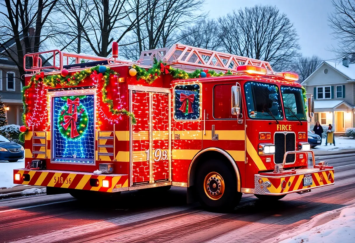 Festively decorated firetruck during the Santa Firetruck unveiling event