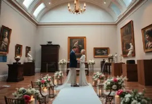 Couple exchanging vows at an affordable museum wedding in Louisville