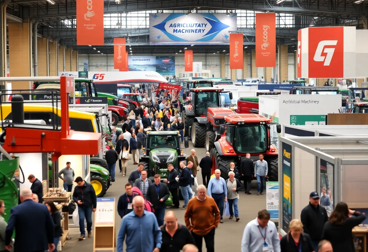 Attendees exploring agricultural machinery at a trade show