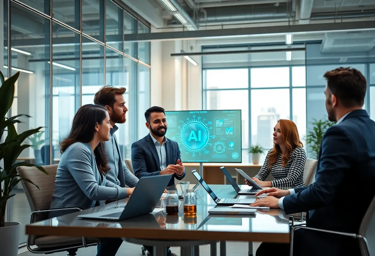 Team collaborating on AI solutions in a modern office