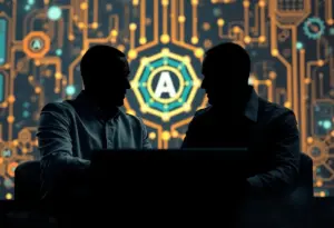 Visual representation of technology collaboration between Apple and Google for AI development.