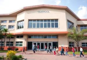 Exterior view of the new three-story classroom building at Atherton High School