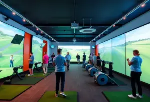 Interior view of Back Nine Golf's new indoor golf facility with simulators.