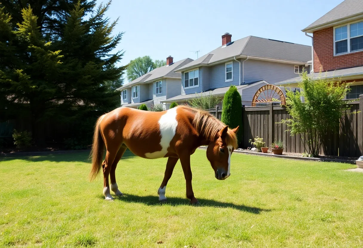 Miniature horse named Bandit in a backyard