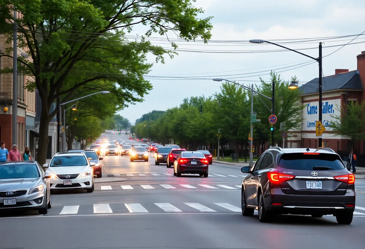 Busy Bardstown Road with pedestrians and vehicles