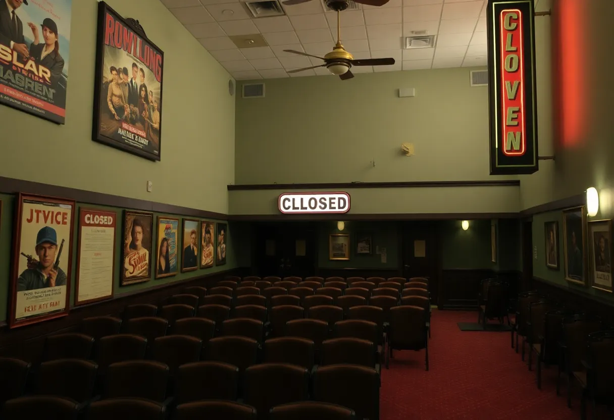 Empty Baxter Avenue Theatres with closed sign and old movie posters