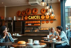 Interior of Born 2 Bagel café with customers enjoying fresh bagels and coffee.
