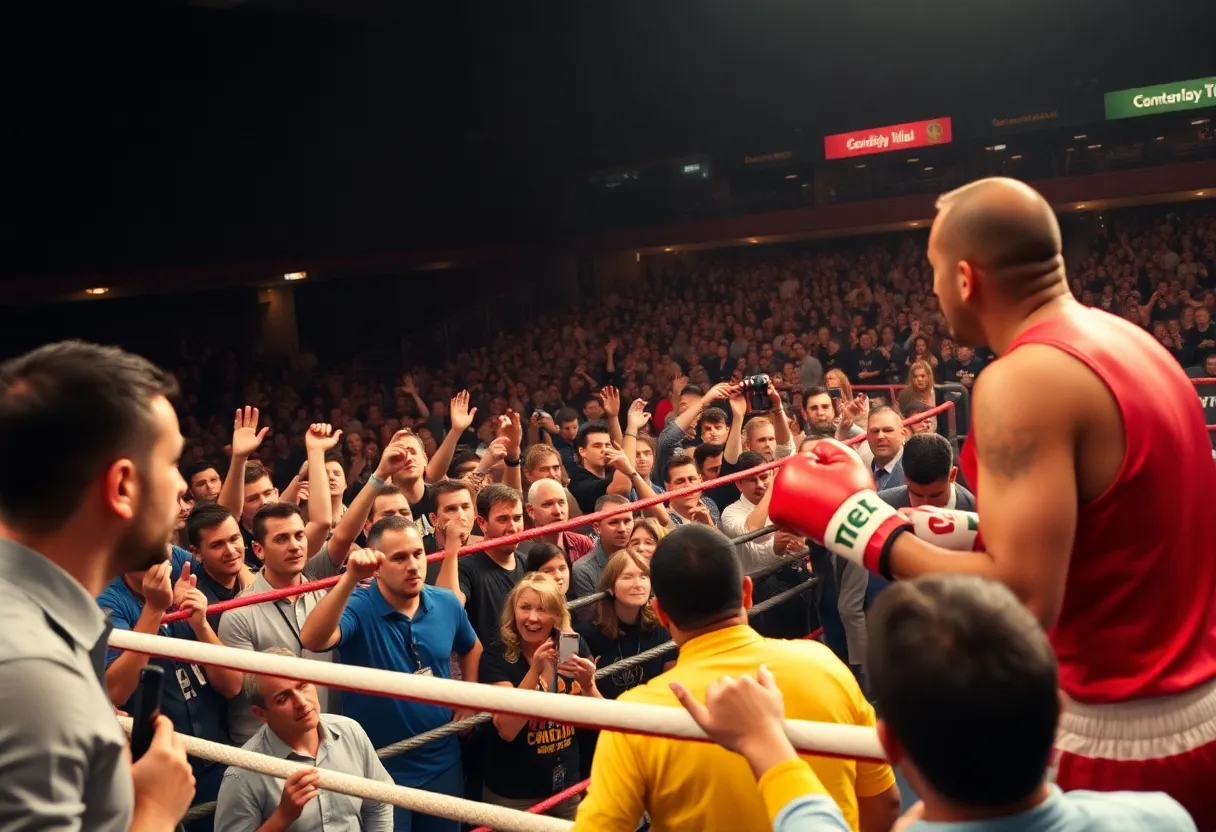 Crowd at a boxing event in Louisville, showcasing fans cheering