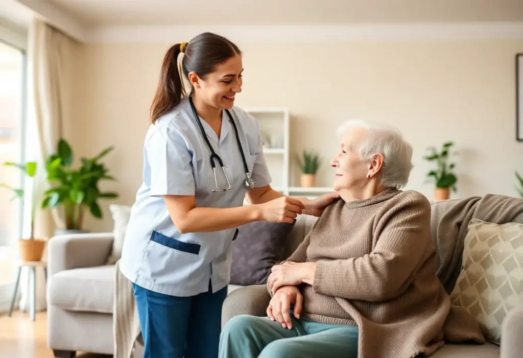 A caregiver helping an elderly person at home.