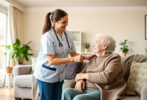 A caregiver helping an elderly person at home.