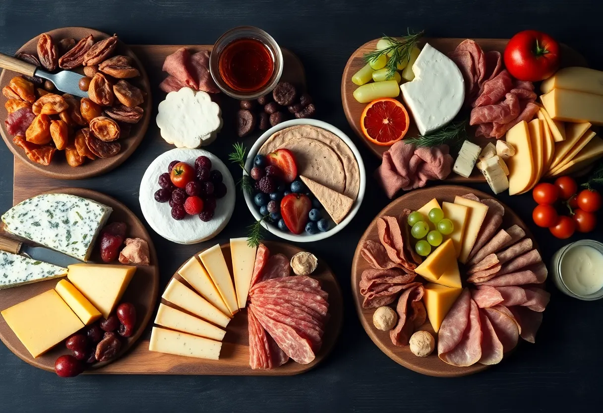 Artisan charcuterie boards with cheeses, meats, and fruits