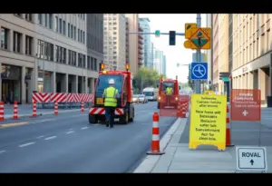 Construction on Chenoweth Lane with workers and machinery