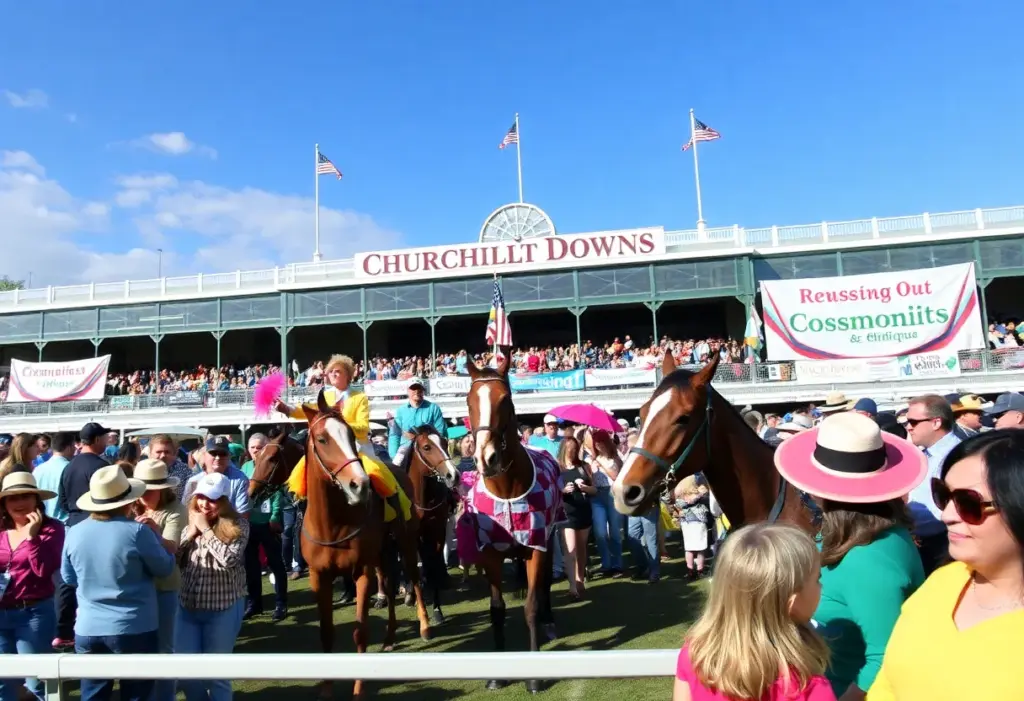 A lively fundraising event at Churchill Downs with spectators enjoying horse races.