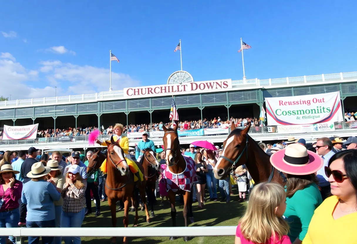 A lively fundraising event at Churchill Downs with spectators enjoying horse races.