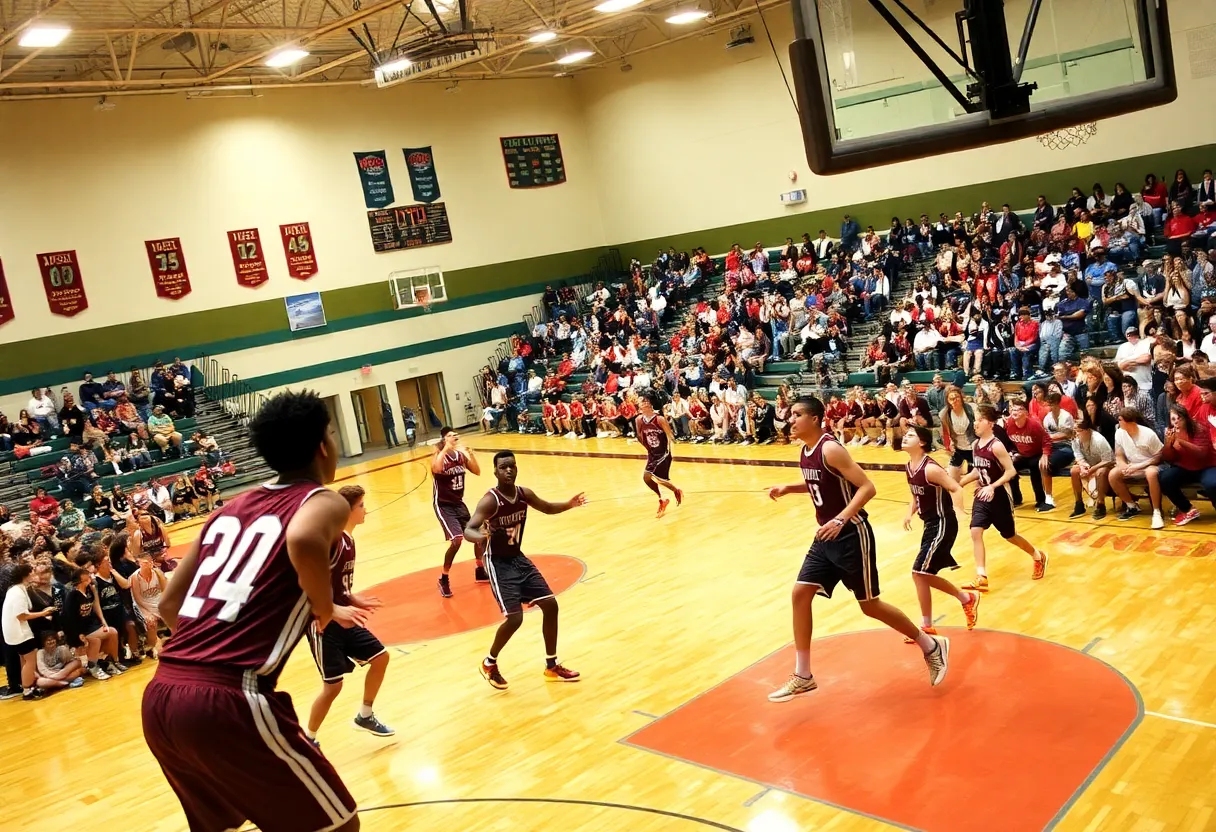 High school basketball players competing in a tournament.