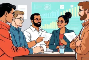 A diverse group of small business owners discussing financial documents with digital charts in the background.