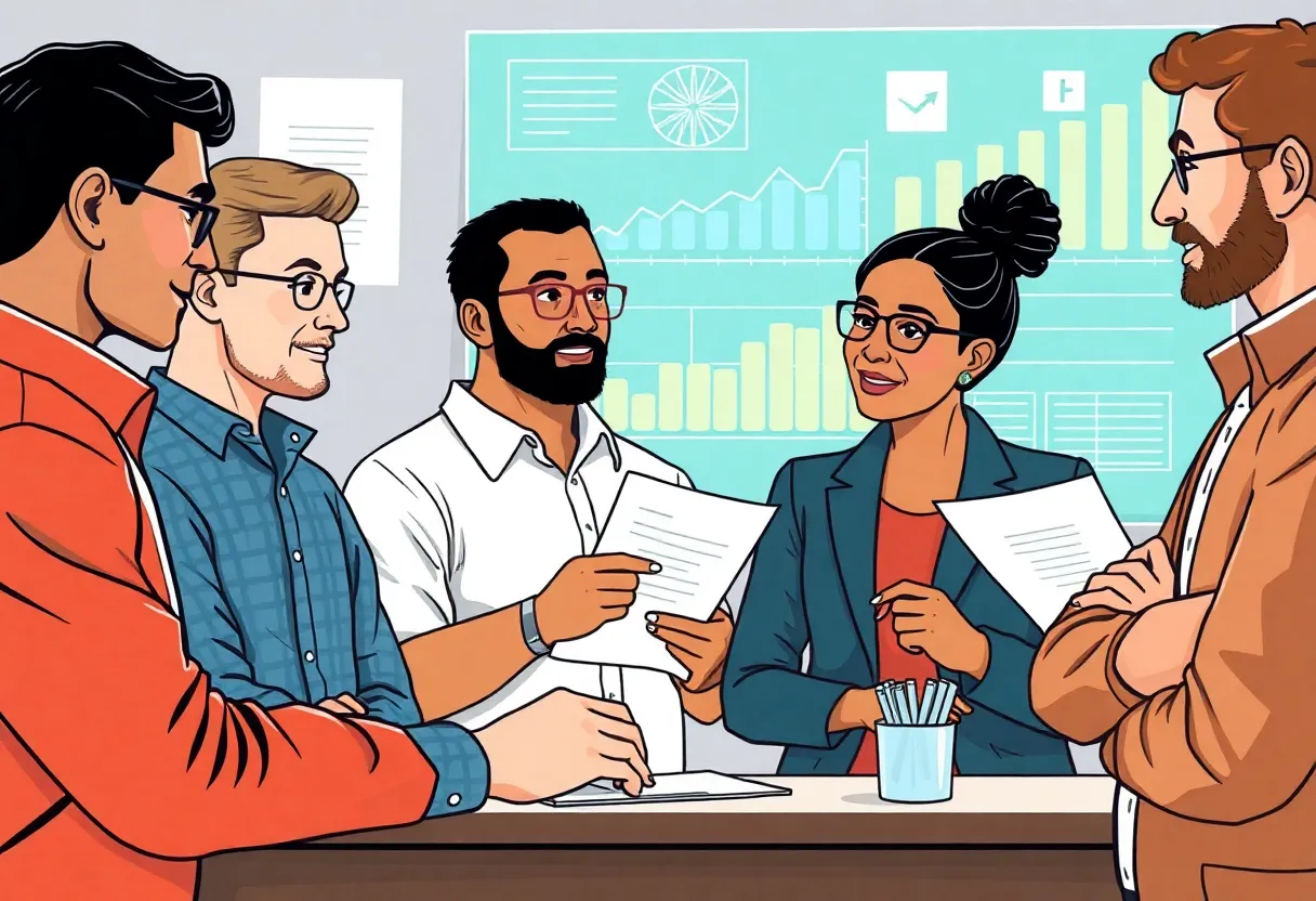 A diverse group of small business owners discussing financial documents with digital charts in the background.