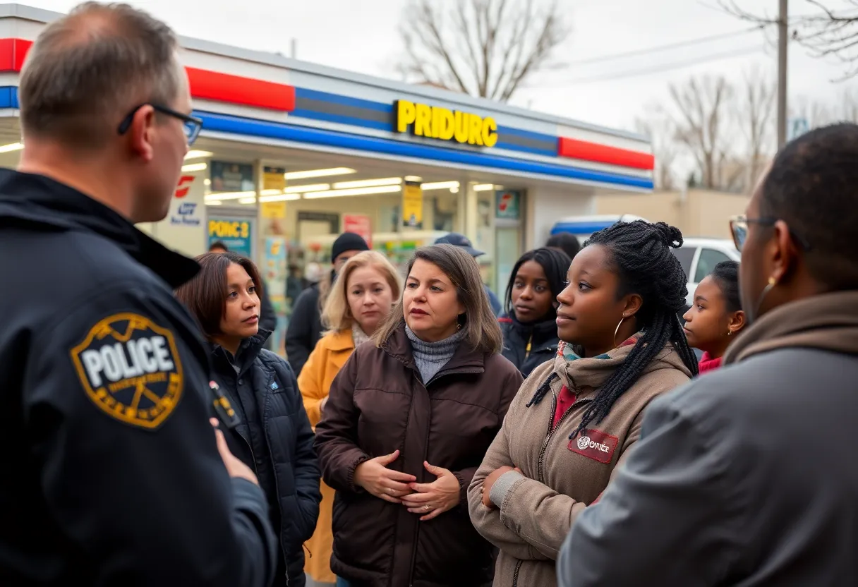 Community members discussing safety measures at a convenience store