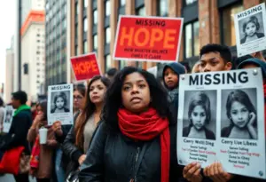 Community members holding posters for missing children in Louisville