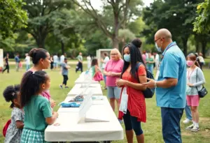 Families participating in a community health fair discussing vaccines