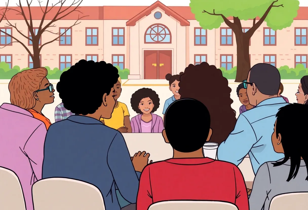 Community members discussing a charter school proposal in Louisville.