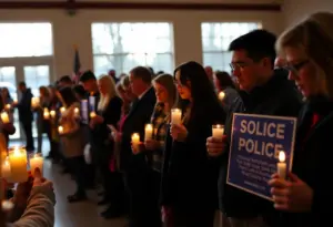 Community members lighting candles during a vigil for Deputy Andry.