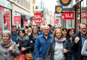 Shoppers walking down a retail street in Louisville, Kentucky, reflecting consumer sentiment.