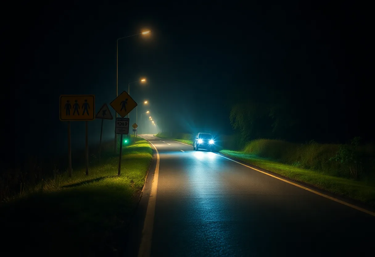 Dark rural road with safety signs