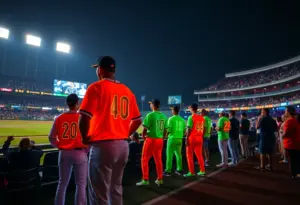 Glow-in-the-dark baseball scene at Louisville Slugger Field featuring neon uniforms and excited fans.