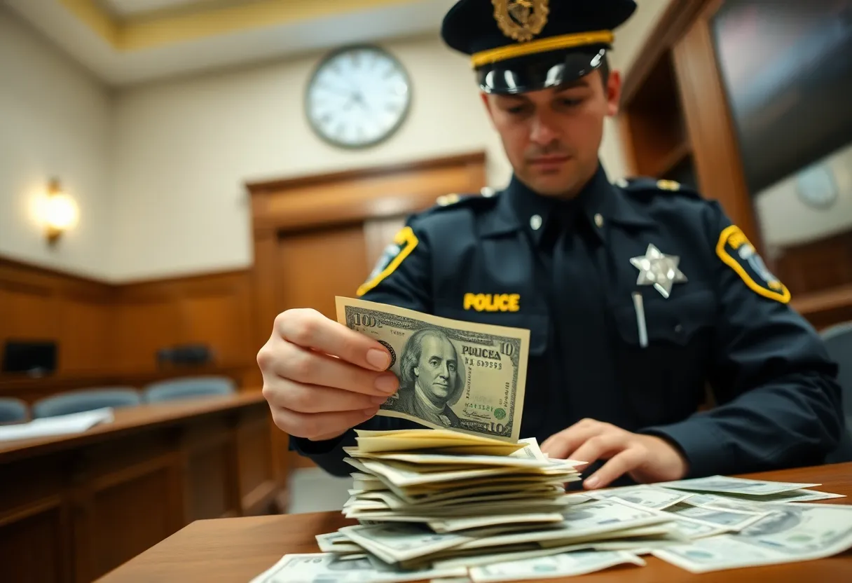 Officers investigating counterfeit currency at a courthouse