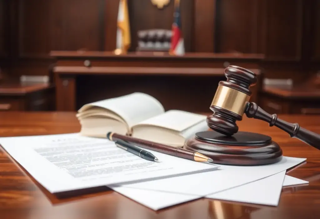 A courtroom with legal documents and a gavel